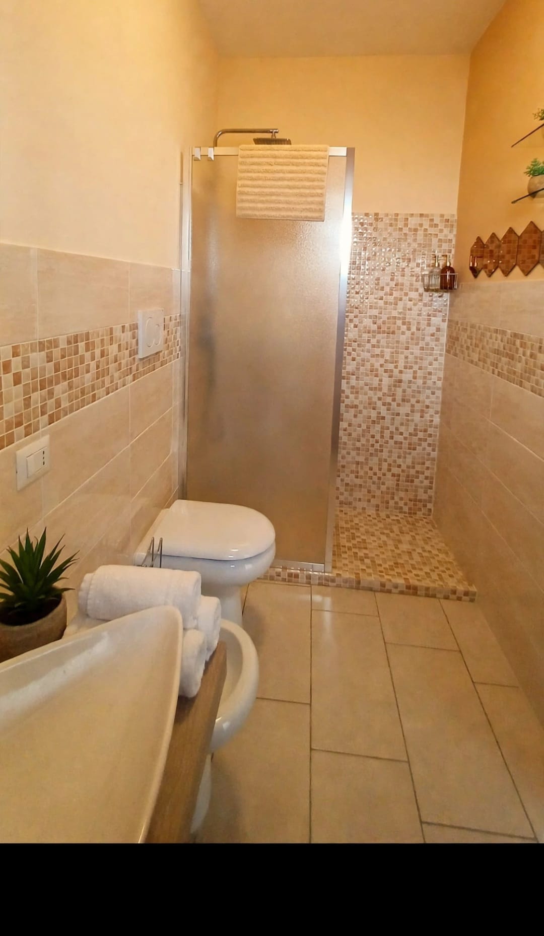 Il bagno privato con doccia e rivestimento a mosaico